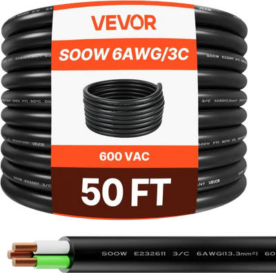 Vevor Portable Power Cable 50' 6 AWG 3-Conductor 600V SOOW Copper Extension Cord New