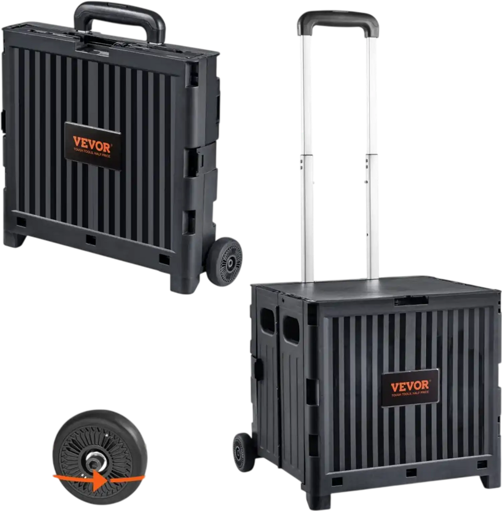 VEVOR Foldable Utility Cart, 80 lbs Load Capacity, Folding Portable Rolling Crate Handcart with Durable Heavy Duty Telescoping Handle and 2 Wheels for Travel Shopping Moving Luggage Office Use, Black
