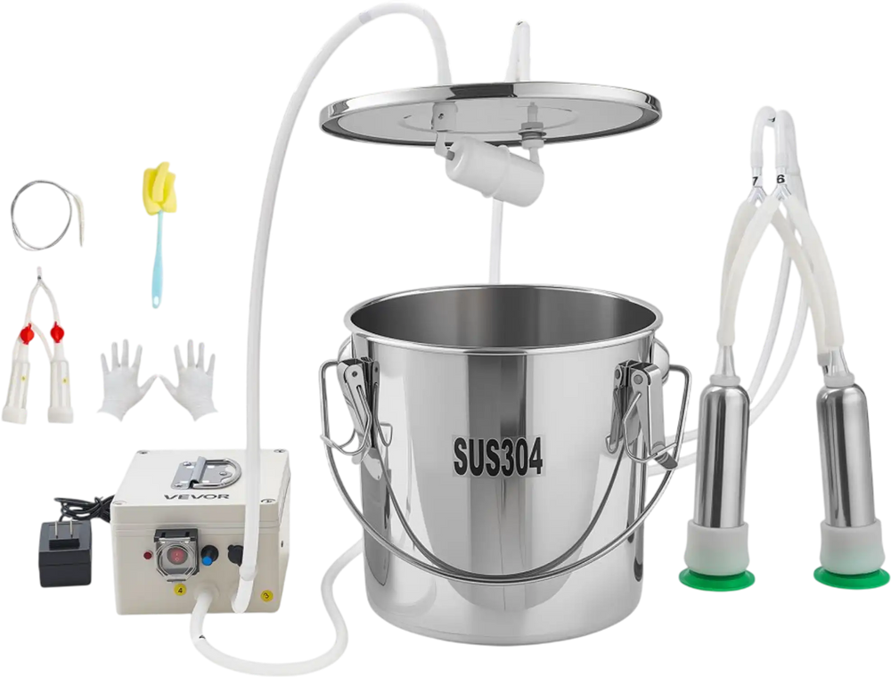 VEVOR Goat Milking Machine, 3.2 Gal / 12 L Food-Grade Stainless Steel Bucket, 4 Teat Cups for Cows and Goats, with 8000 mAh Rechargeable Battery, Electric Pulsation Milking Machine Portable Milker
