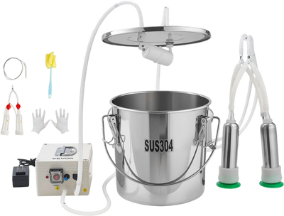 VEVOR Goat Milking Machine, 3.2 Gal / 12 L Food-Grade Stainless Steel Bucket, 4 Teat Cups for Cows and Goats, with 8000 mAh Rechargeable Battery, Electric Pulsation Milking Machine Portable Milker