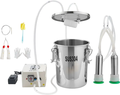 VEVOR Goat Milking Machine, 1.8 Gal / 7 L Food-Grade Stainless Steel Bucket, 4 Teat Cups for Cows and Goats, with 8000 mAh Rechargeable Battery, Electric Pulsation Milking Machine Portable Milker