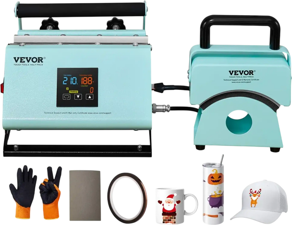 VEVOR 2 in 1 Tumbler and Hat Heat Press Machine, Mini Hat Heat Press for Caps and Hats, Tumbler Heat Press for 11-30oz Sublimation Tumblers and Mugs, Temperature and Time Control, Green