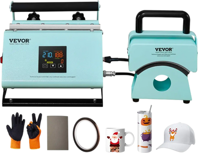 VEVOR 2 in 1 Tumbler and Hat Heat Press Machine, Mini Hat Heat Press for Caps and Hats, Tumbler Heat Press for 11-30oz Sublimation Tumblers and Mugs, Temperature and Time Control, Green