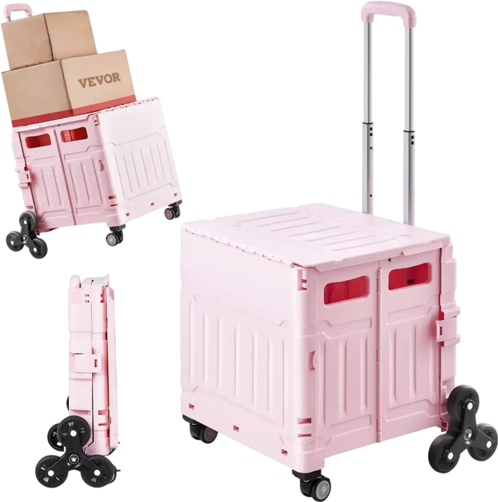 VEVOR Foldable Utility Cart, 65L Collapsible Portable Crate Rolling Cart with Stair Climbing Wheels & 360° Swivel Wheels, Hand Cart with Telescoping Handle for Shopping Office Moving Teacher, Pink