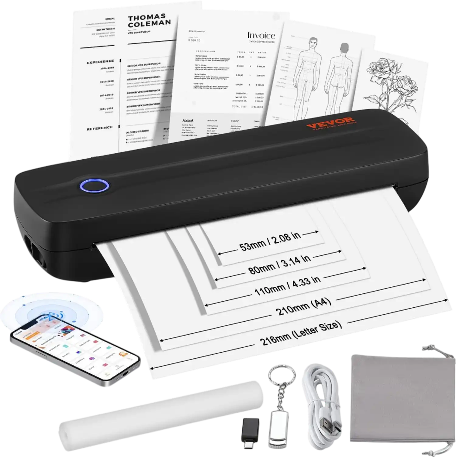 Vevor Portable Printer Wireless Inkless Bluetooth Thermal Printer New