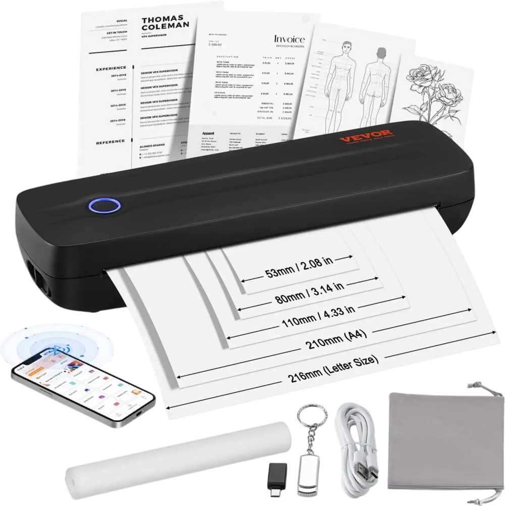 VEVOR Portable Thermal Printer - 2600mAh Battery, 300 DPI, Bluetooth Inkless Mobile Printer for A4, A5 & 8.5" x 11" Thermal Paper, Compatible with iOS, Android & Laptop, for Travel, Office & Home Use