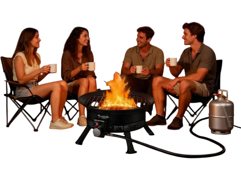 VEVOR Propane Fire Pit 24-Inch, 53,000 BTU Portable Gas Fire Pit, with Grill Grate & Lava Rocks, Adjustable Flame, Folding Legs,Smokeless Outdoor Firebowl for Camping, Patio, Backyard, Deck, RV, Black