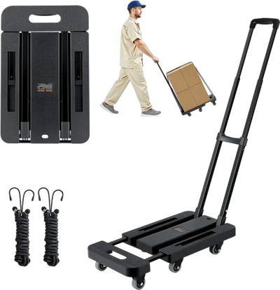 VEVOR Folding Hand Truck, 500 lbs Load Capacity, Collapsible Luggage Cart with 6 Wheels, 2 Elastic Ropes & Expandable Base, Utility Dolly Platform Cart for Airport Travel Luggage Office Moving, Black