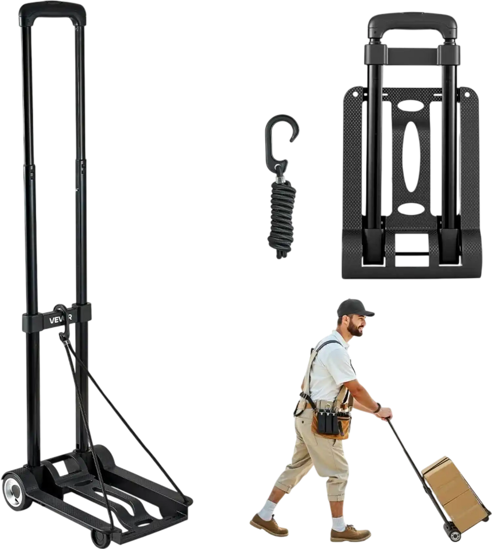 VEVOR Folding Hand Truck, 110 lbs Load Capacity, Collapsible Luggage Cart with 2 Wheels & 1 Elastic Rope, Utility Dolly Platform Cart for Airport Travel Furniture Luggage Office Moving, Black