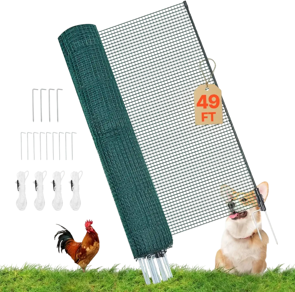 VEVOR Temporary Fence with Posts, 3.9 x 49.2 FT Plastic Mesh Fencing, Garden Safety Fences Netting with Double-Spike Stakes & Guy Ropes, Temporary Fence for Dogs, Chickens, Plants, Outdoor Yards