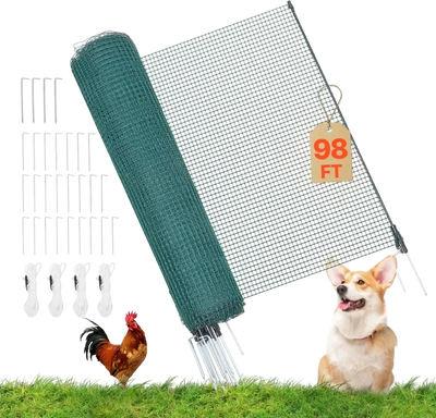 VEVOR Temporary Fence with Posts, 3.9 x 98.4 FT Plastic Mesh Fencing, Garden Safety Fences Netting with Double-Spike Stakes & Guy Ropes, Temporary Fence for Dogs, Chickens, Plants, Outdoor Yards