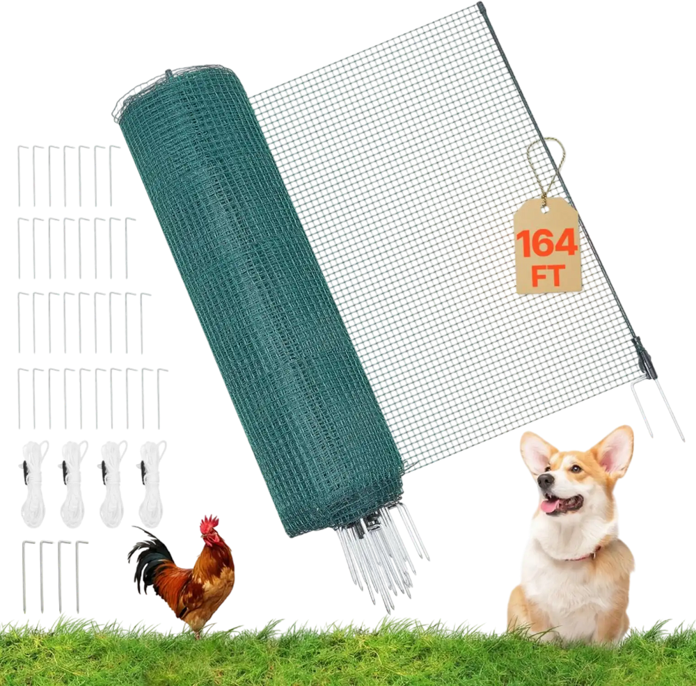 VEVOR Temporary Fence with Posts, 3 x 164 FT Plastic Mesh Fencing, Garden Safety Fences Netting with Double-Spike Stakes & Guy Ropes, Temporary Fence for Dogs, Chickens, Plants, Outdoor Yards