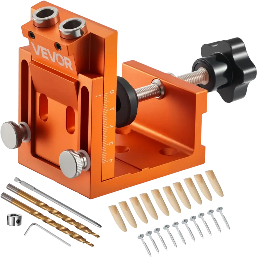 VEVOR Pocket Hole Jig Kit, 0.47 to 1.89 in Adjustable, Jig Pocket Hole System with Step Drill, Hex Wrench, Drill Stop Ring, Square Drive Bit, Plugs and Screws, Reinforced Metal Frame, for Woodworking