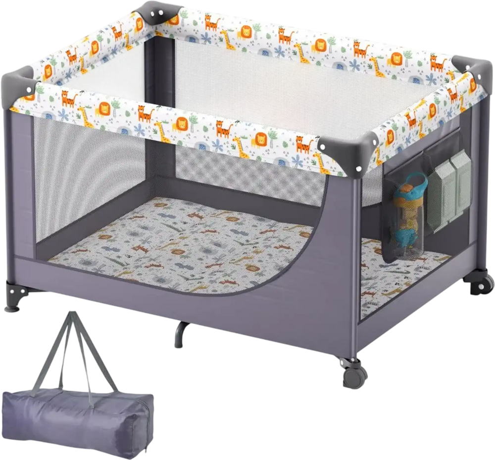 VEVOR Baby Playpen Travel Crib, Quick-Folding Playpen for Baby & Toddler, Portable Baby Fence Play Yard with Wheels, Breathable Mesh & Travel Bag, Indoor/Outdoor Kids Activity Center for 0-36 Months