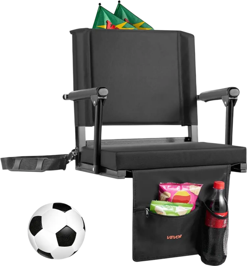 VEVOR Stadium Seat, Portable Bleacher Seat with Armrest, Back Support and Thick Cushion, Bench Chair for Bleacher Includes Shoulder Strap, Hooks, Cup Holder, Black Football Bleachers Seats, 1PCS