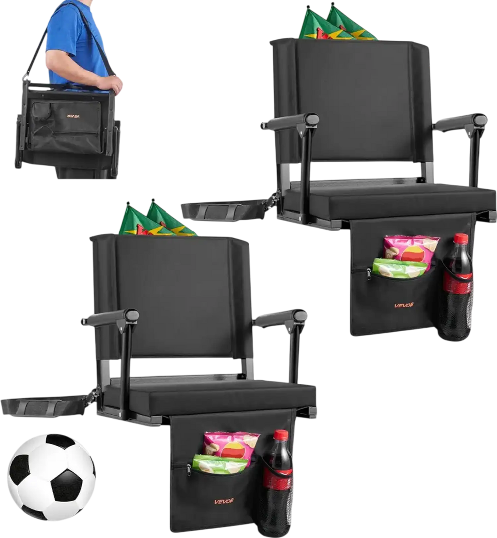 VEVOR Stadium Seat, Portable Bleacher Seat with Armrest, Back Support and Thick Cushion, Bench Chair for Bleacher Includes Shoulder Strap, Hooks, Cup Holder, Black Football Bleachers Seats, 2PCS