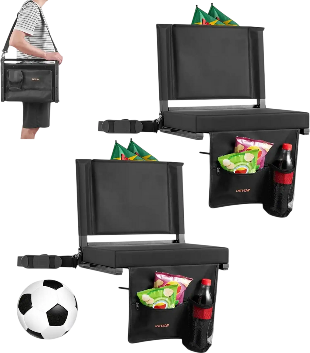 VEVOR Stadium Seat, Folding Bleacher Seat with Back Support and Thick Cushion, Padded Stadium Seats for Bleacher Includes Shoulder Strap, Hooks, Cup Holder, and Side Pocket, Black Bleachers Chair