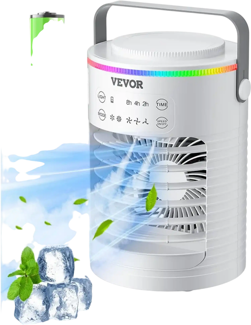 VEVOR Portable Air Conditioner, 4-in-1 Evaporative Air Cooler, 3-Speed Mini Air Conditioner with Smart Timer, 600ml Water Tank, 7-Color Light, Personal Mini Desk AC Fan for Bedroom Office Room