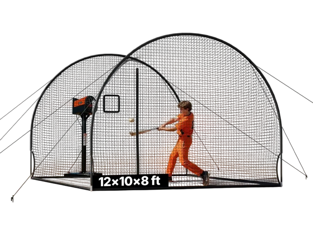 VEVOR Baseball Batting Cage, 12.0 x 10.2 x 7.6 FT Freestanding Portable Batting Cage, Hitting Cages with 4-Ply Knotless Polyester & Pitching Machine Opening, Battings Cages Netting for Indoor Outdoor