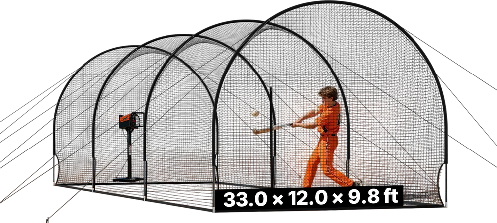 VEVOR Baseball Batting Cage, 33.0 x 12.0 x 9.8 FT Freestanding Portable Batting Cage, Hitting Cages with 4-Ply Knotless Polyester & Pitching Machine Opening, Battings Cages Netting for Indoor Outdoor