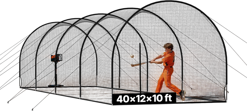 VEVOR Baseball Batting Cage, 40.0 x 12.1 x 10.0 FT Freestanding Portable Batting Cage, Hitting Cages with 4-Ply Knotless Polyester & Pitching Machine Opening, Battings Cages Netting for Indoor Outdoor