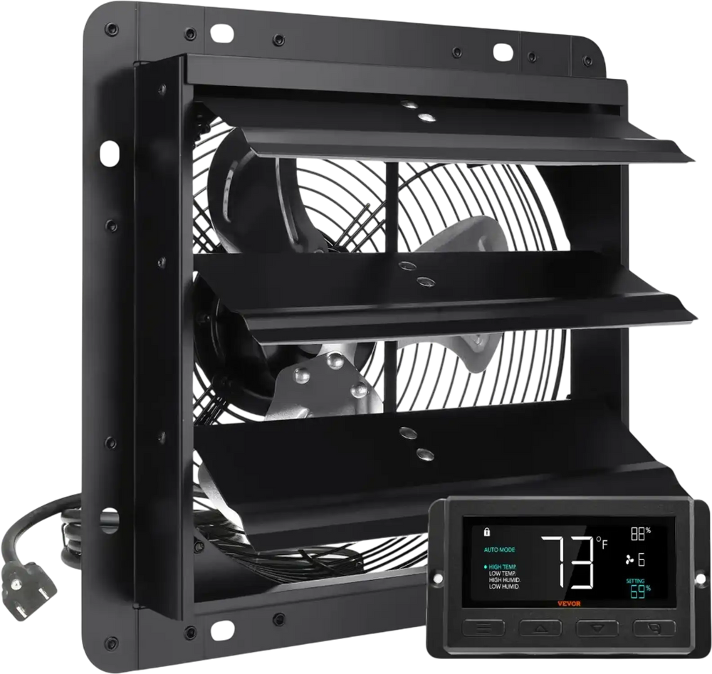 VEVOR Shutter Exhaust Fan, 10'' with Temperature Humidity Controller,  EC-motor, 820 CFM, 10-Speed Adjustable Wall Mount Attic Fan, Ventilation and Cooling for Greenhouses, Garages, Sheds, ETL Listed