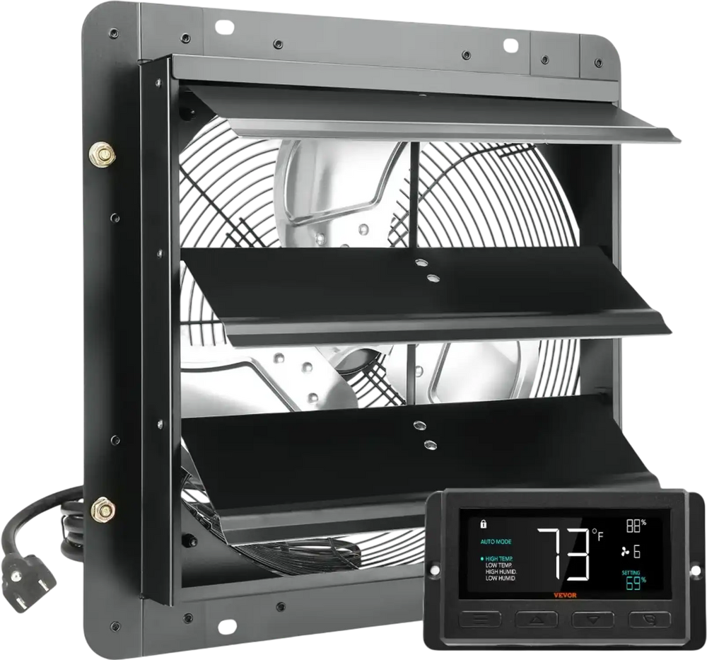 VEVOR Shutter Exhaust Fan, 14'' with Temperature Humidity Controller,  EC-motor, 1513 CFM, 10-Speed Adjustable Wall Mount Attic Fan, Ventilation and Cooling for Greenhouses, Garages, Sheds, ETL Listed
