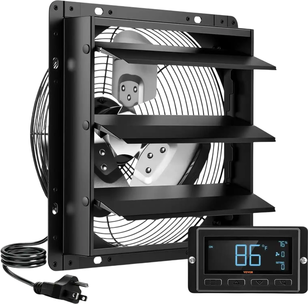 VEVOR 12 Inch Shutter Exhaust Fan Wall Mounted Automatic Louvers EC Motor, Steel Housing, Temperature & Humidity Controller, Ventilation & Cooling for Attic, Garage, Barn, Greenhouse, Workshop, Black