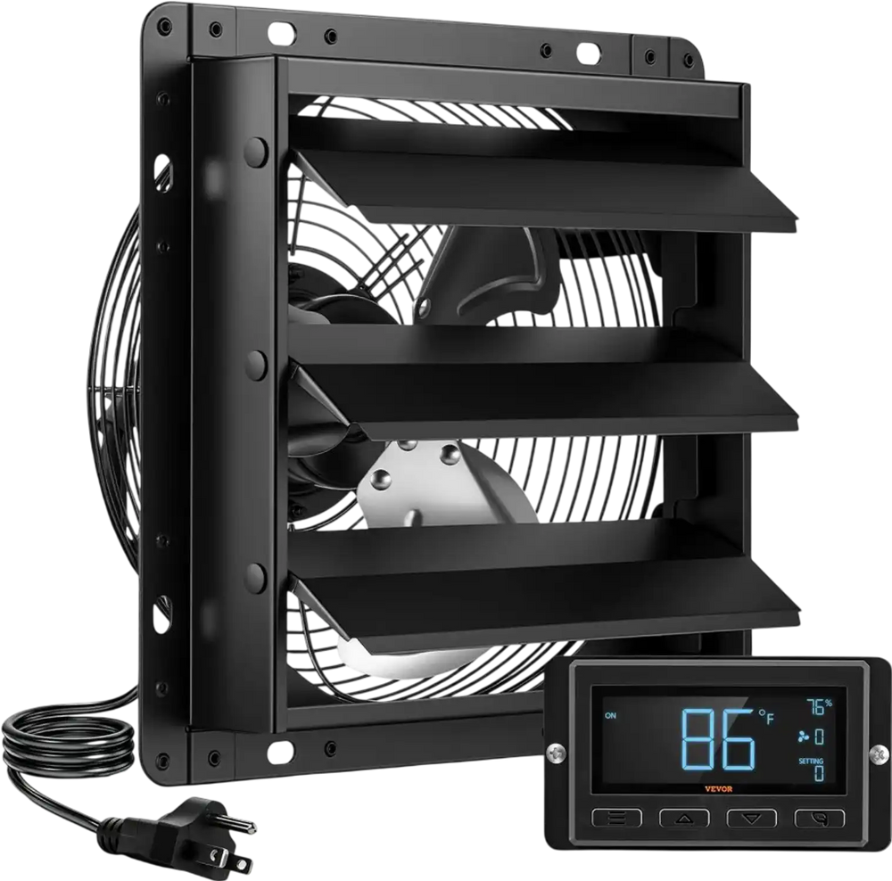 VEVOR 10 Inch Shutter Exhaust Fan Wall Mounted Automatic Louvers EC Motor, Steel Housing, Temperature & Humidity Controller, Ventilation & Cooling for Attic, Garage, Barn, Greenhouse, Workshop, Black