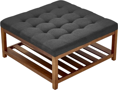 VEVOR Large Square Ottoman Coffee Table, 34.5 Inch Tufted Coffee Table with Solid Wood Shelf Storage, Linen Solid Upholstered Footrest Ottoman for Bedroom Living Room, 400 LBS, Dark Gray
