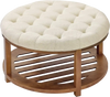 VEVOR Large Round Ottoman Coffee Table, 31.9 Inch Tufted Coffee Table with Solid Wood Shelf Storage, Linen Solid Upholstered Footrest Ottoman for Bedroom Living Room, 350 LBS, Linen Color