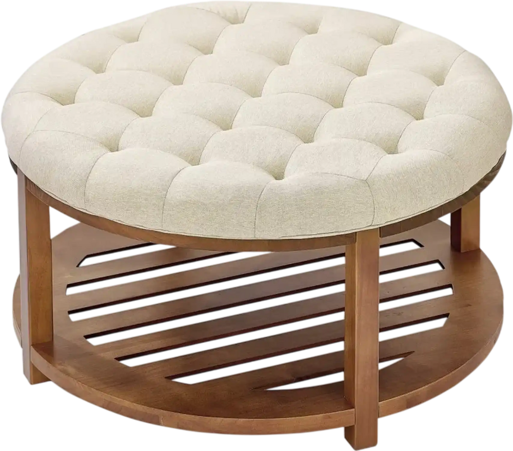 VEVOR Large Round Ottoman Coffee Table, 31.9 Inch Tufted Coffee Table with Solid Wood Shelf Storage, Linen Solid Upholstered Footrest Ottoman for Bedroom Living Room, 350 LBS, Linen Color