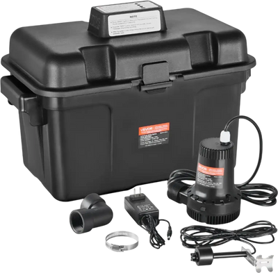 VEVOR Basement Emergency Back-Up Sump Pump, 2000GPH 0.17 HP Backup Sump Pump System, with 15V Adapter, Float Switch, 24-Hour-a-Day Monitoring Controller, Alerts, and Charger, Black