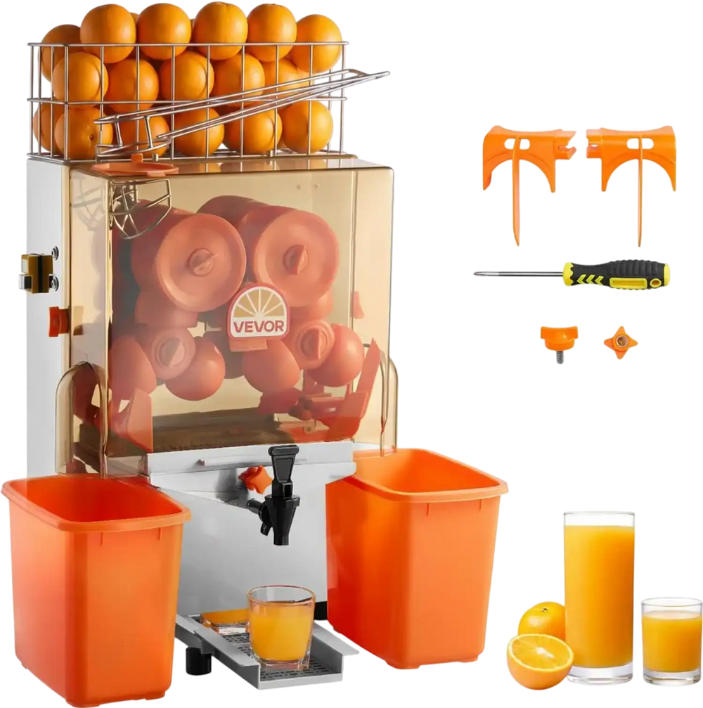 VEVOR Commercial Orange Juicer Machine, 120W Electric Orange Juice Press, Stainless Steel Orange Squeezer for 20 per Minute, Lemon Citrus Pomegranates Extractor with Water Tap, Peels Collecting Bucket