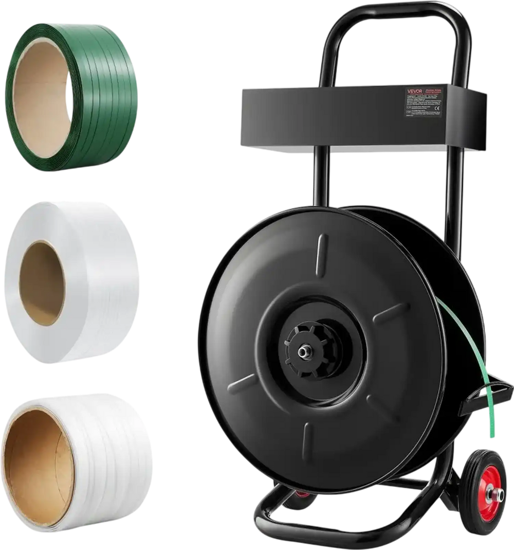 VEVOR Banding Strapping Cart, Fit for PET / PP / Polyester Strapping Coils with 8 inches Core Size, Heavy Duty Strapping Dispenser Equipped with Upgrade Brake System, Built-in Spacious Tray for Tools