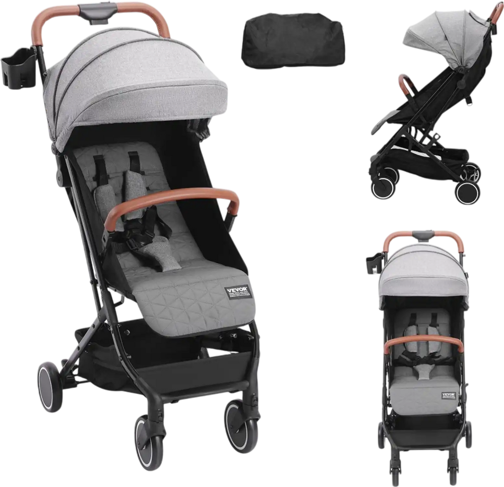 VEVOR Standard Baby Infant Stroller, Toddler Stroller with 95°-150° Adjustable Backrest & & 0/90°Adjustable Footrest & One-click Folding, Newborn Stroller with Cup Holder and Carry Bag, Dark Grey