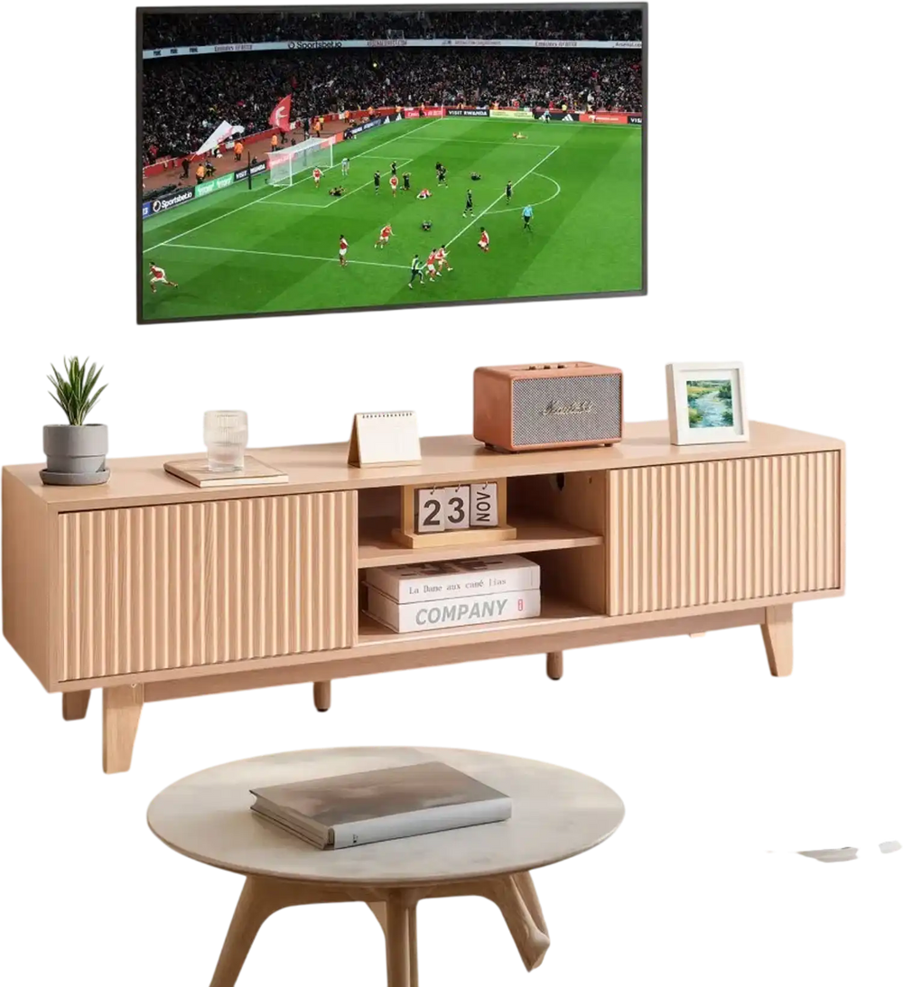 VEVOR TV Stand, Boho Entertainment Center for TVs up to 59 in, 350 lbs Load Capacity, TV Media Console Table with Adjustable Open Storage Shelves & Sliding Door for Living Room, Bedroom, Burlywood