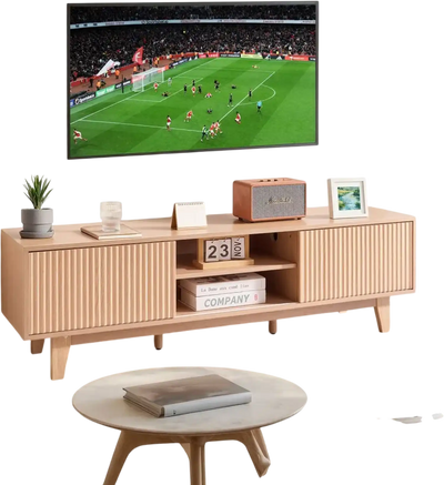 VEVOR TV Stand, Boho Entertainment Center for TVs up to 59 in, 350 lbs Load Capacity, TV Media Console Table with Adjustable Open Storage Shelves & Sliding Door for Living Room, Bedroom, Burlywood