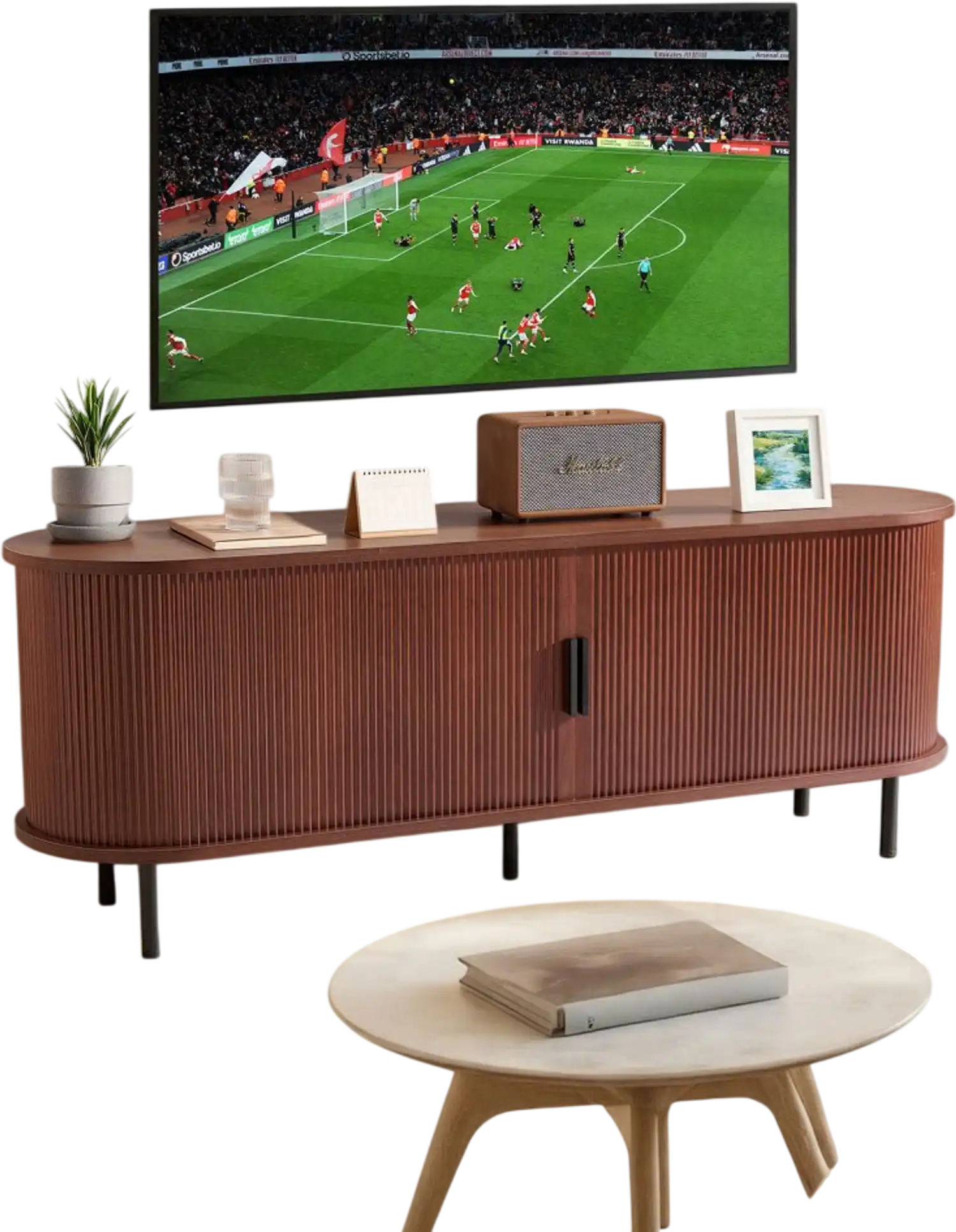 Vevor TV Stand Boho Entertainment Center with Rolling Door Brown New