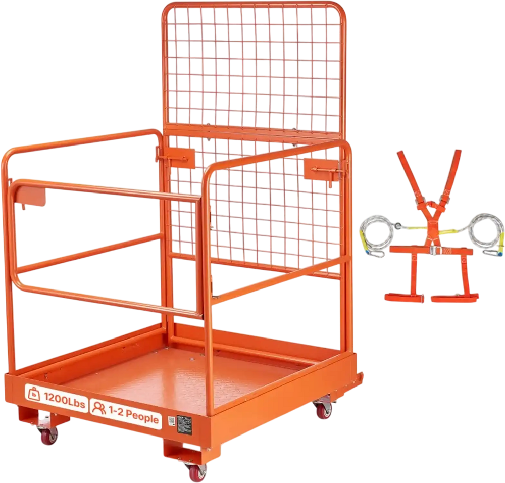VEVOR Forklift Safety Cage, 36.2 x 41.1 Inch, Forklift Man Basket with 4 Wheels, 1200 lbs Capacity, Heavy Duty Work Platform Collapsible Lift Basket, Safety Harness, for Aerial Work Lifting Loader