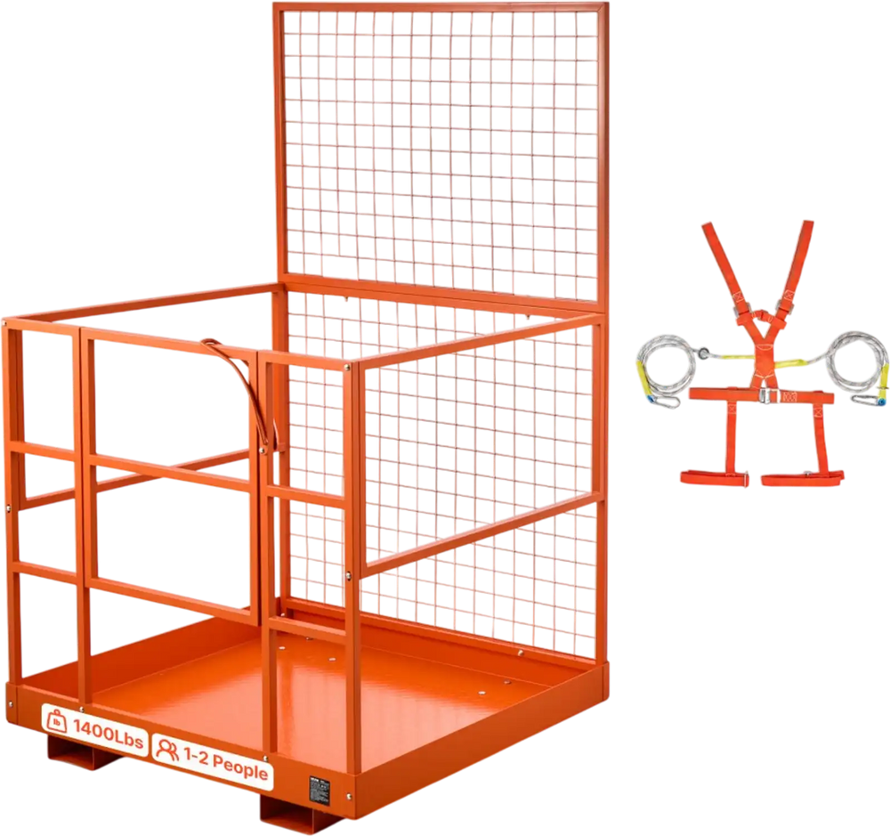 VEVOR Forklift Safety Cage, 48.2 x 45.2 Inch, Heavy Duty Forklift Man Basket, 1400 lbs Capacity Collapsible Work Platform Lift Basket with Safety Harness & Lock, for Most Aerial Jobs Lifting Loader