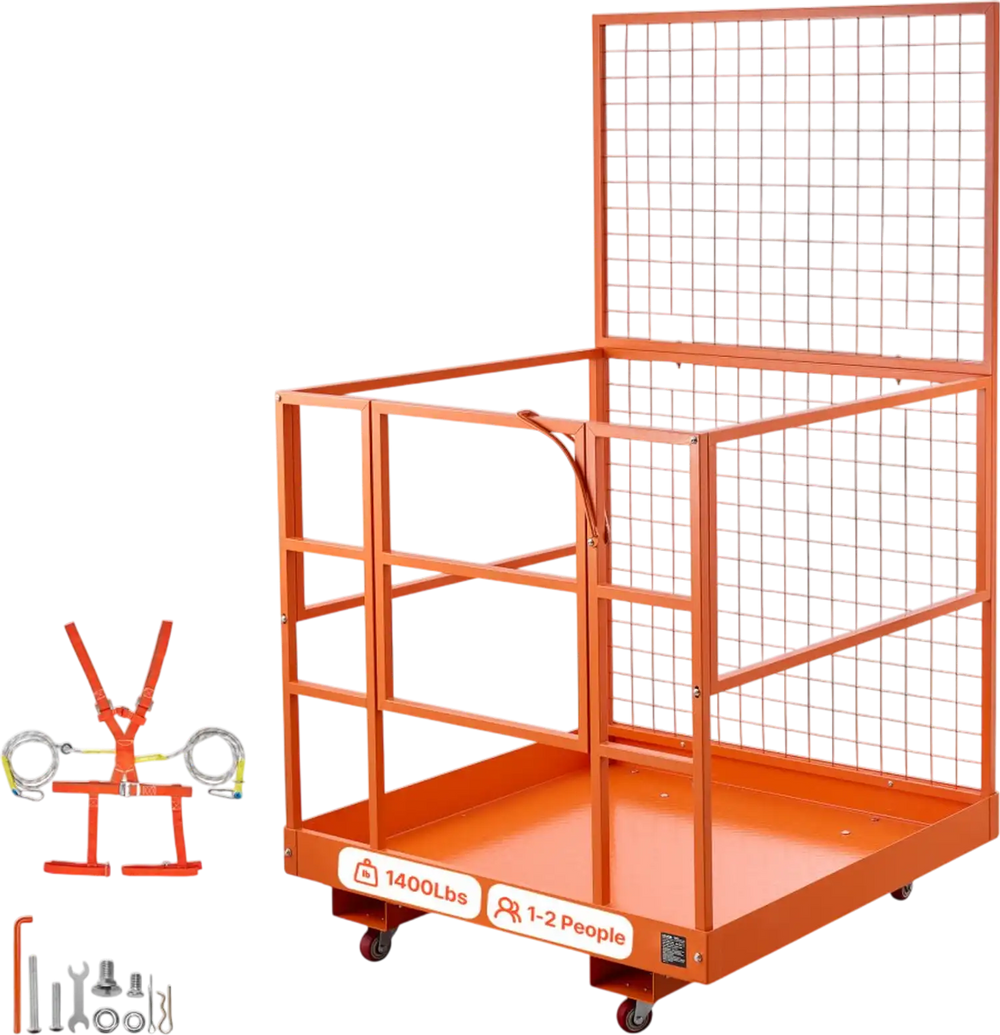 VEVOR Forklift Safety Cage, 48.2 x 45.2 Inch, Heavy Duty Forklift Man Basket, 1400 lbs Capacity Work Platform Lift Basket with Safety Harness, Lock, Wheels, Drain Hole, for Aerial Work Lifting Loader