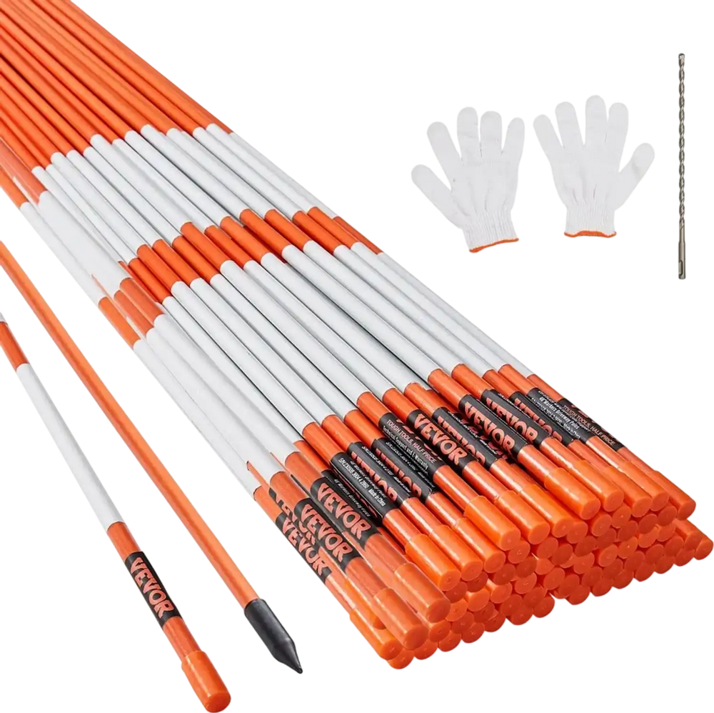 VEVOR Driveway Markers, 100 PCS 48 inch, 0.31 inch Diameter, Orange Fiberglass Poles Snow Stakes with Reflective Tape, 12" Steel Drill Bit & Protection Gloves for Parking Lots, Walkways Easy Visibility