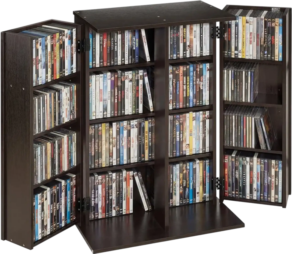 VEVOR Media Storage Cabinet, 4-Tier DVD Shelf Organizer, 24.02 x 14.49 x 33.31 in Multimedia Storage Organizer for CDs, DVDs, Books, Games, CD Shelf for Living Room, Home Office, Recording Room, Brown