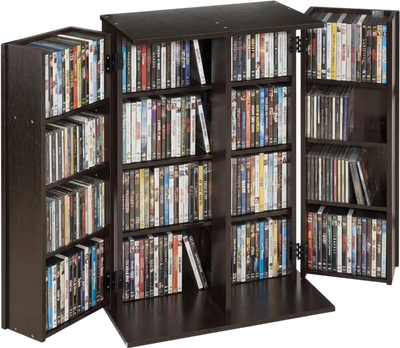 VEVOR Media Storage Cabinet, 4-Tier DVD Shelf Organizer, 24.02 x 14.49 x 33.31 in Multimedia Storage Organizer for CDs, DVDs, Books, Games, CD Shelf for Living Room, Home Office, Recording Room, Brown