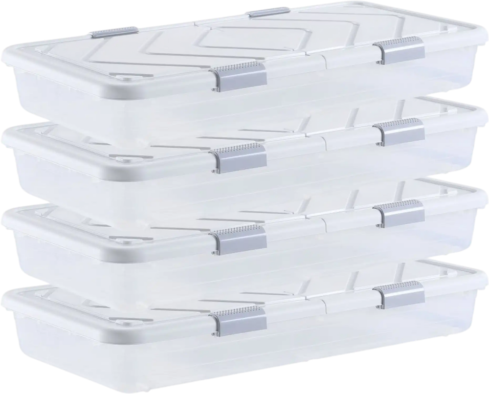 VEVOR Under Bed Storage with Wheels, 31.7 x 15.6 x 6.9 inch Underbed Containers, Underbed Shoes Organizer with Lid & Gray Latch, Rolling Under the Bed Storage Bins for Clothes Shoes Blankets, 4 Pack