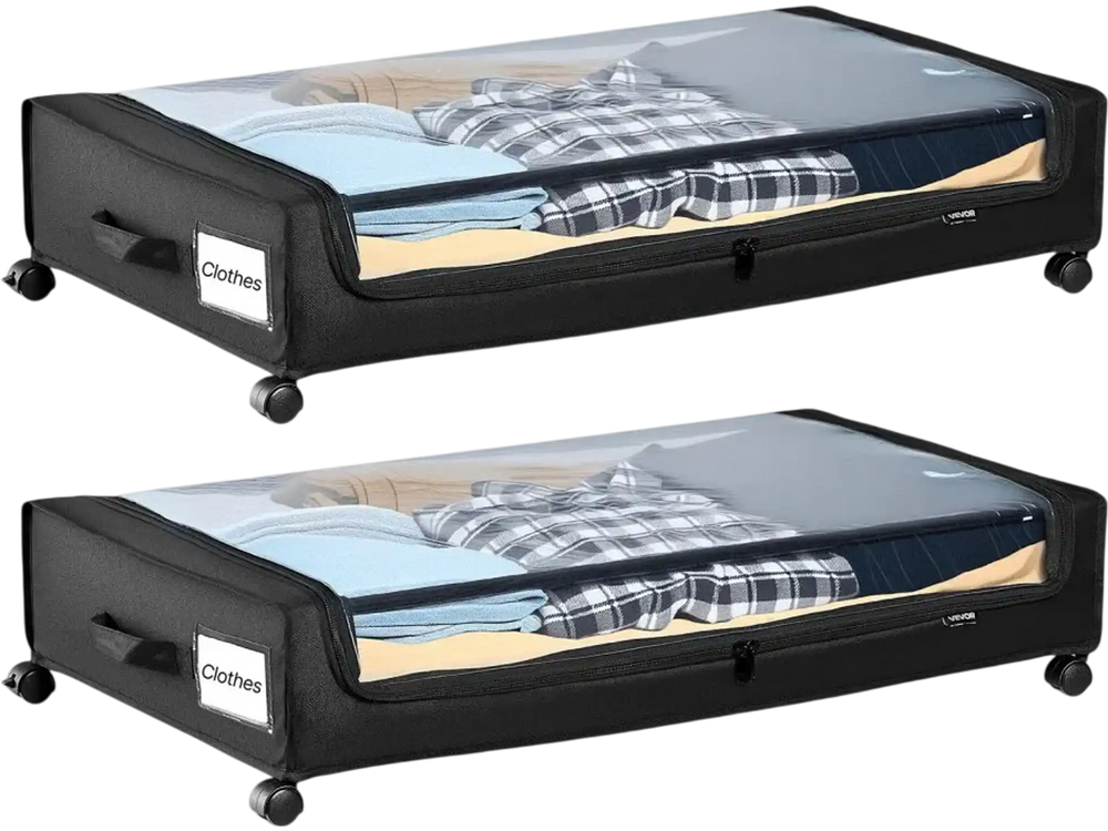VEVOR Under Bed Storage with Wheels, 30.3 x 18.5 x 6.8 inch, Underbed Containers with Clear Lid, Underbed Shoe Organizer, Rolling Under the Bed Storage Bins for Clothes Shoes Blankets Bedroom, 2 Pack
