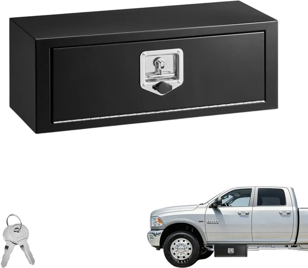 VEVOR Underbody Truck Tool Box, 27 x 10 x 10 Inch Heavy Duty Steel Trailer Storage Box with Lock & Keys, Waterproof Trailer Storage Organizer Under Body Chest with T-Handle for Truck, Van, SUV, Black