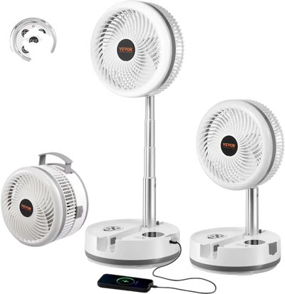 VEVOR 10 inch Portable Foldable Rechargeable Oscillating Fan, 3-in-1 Battery Operated with Remote Control, Quiet Desk/Table Pedestal Fan, 9 Speeds,90-degree Auto Left/Right Rotation,for Home,Office