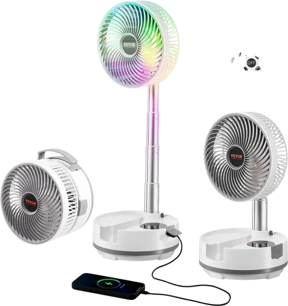 VEVOR 8 inch Portable Foldable Rechargeable Oscillating Fan, 3-in-1 Battery Operated with Remote Control, Quiet Desk/Table Pedestal Fan, 8 Speeds,90-degree Auto Left/Right Rotation,for Home,Office,Outdoor